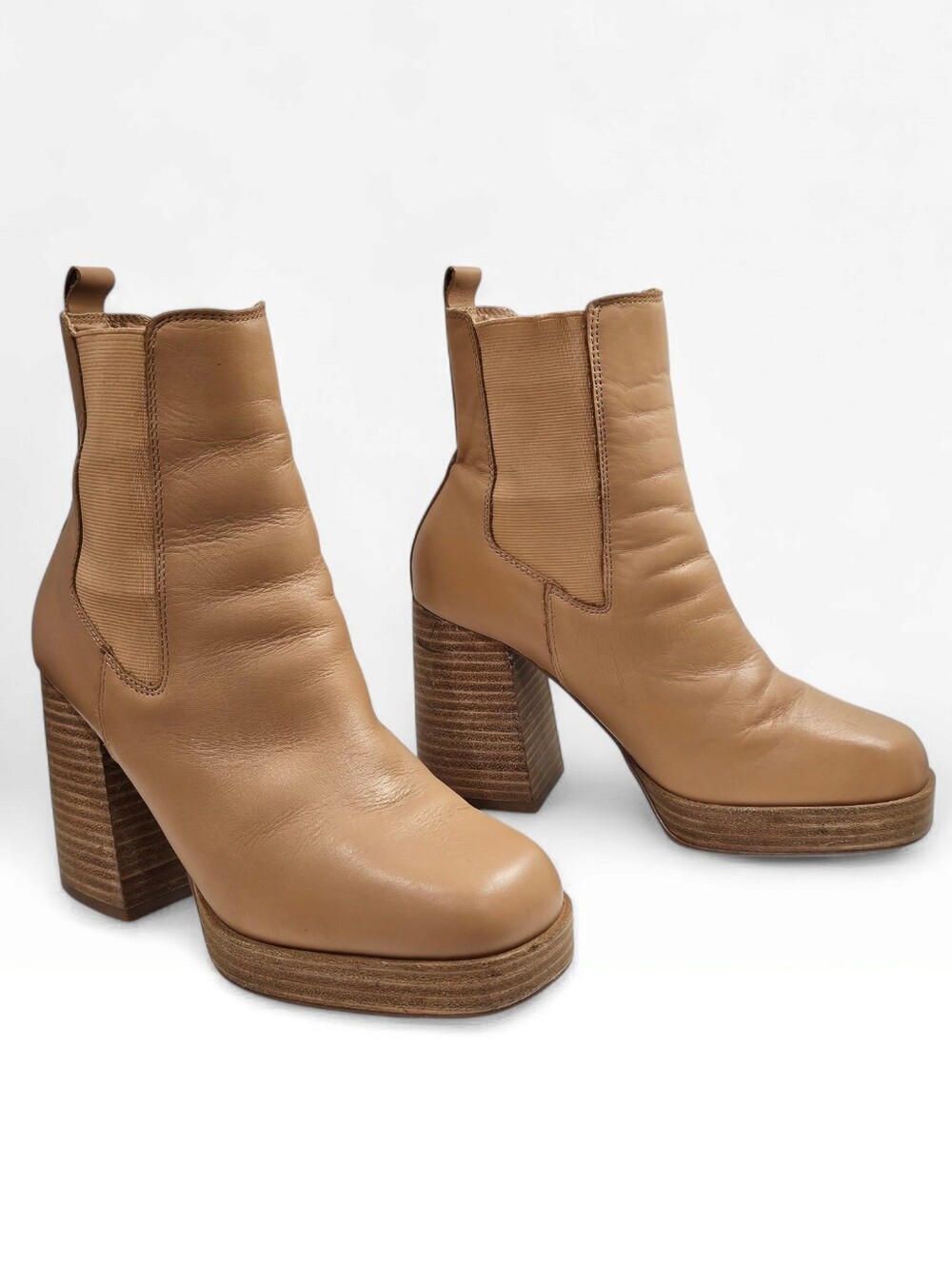 STEVE MADDEN Expect Tan Leather Platform Block Heel Chelsea Boots 7M